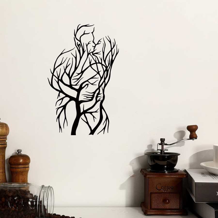 Romantic Tree of Love Wall Art metal sculpture showing a couple embracing in a tree design, perfect for kitchen or coffee nook decor.