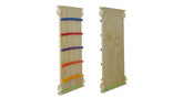 Wooden climbing toy with colorful rungs on a white background