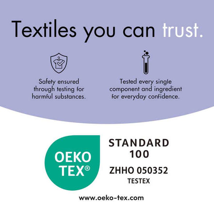 OEKO-TEX Standard 100 certification label ensuring Happy Bows flannel sheets are tested for harmful substances and safe for use.