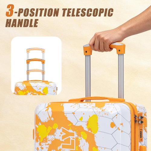 Orange and white patterned suitcase with a 3-position telescopic handle on a beige background.