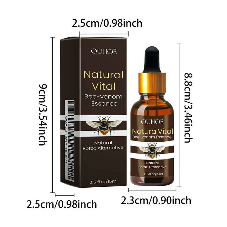 OUHOE Natural Vital Bee Venom Essence bottle and packaging with dimensions on a white background