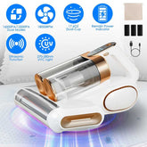 Cordless Mattress Vacuum Cleaner with 16KPA suction, dual-cup design, UVC light, and ultrasonic function for deep allergen removal.