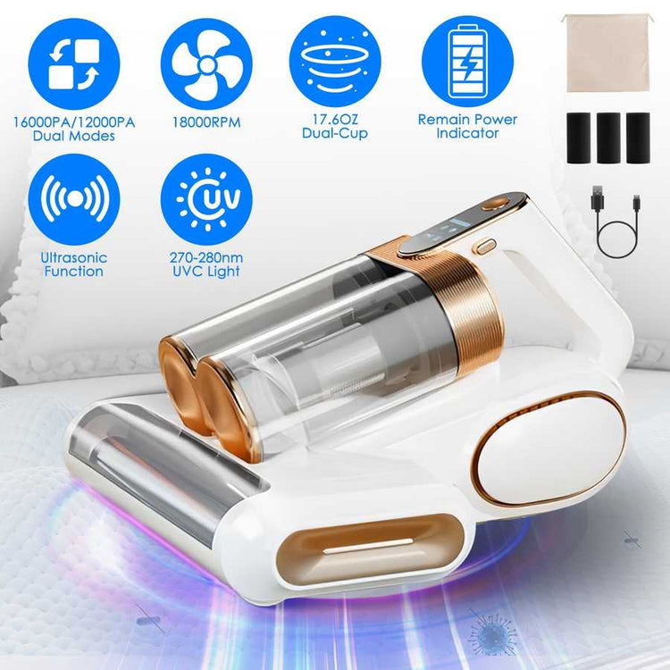 Cordless Mattress Vacuum Cleaner with 16KPA suction, dual-cup design, UVC light, and ultrasonic function for deep allergen removal.