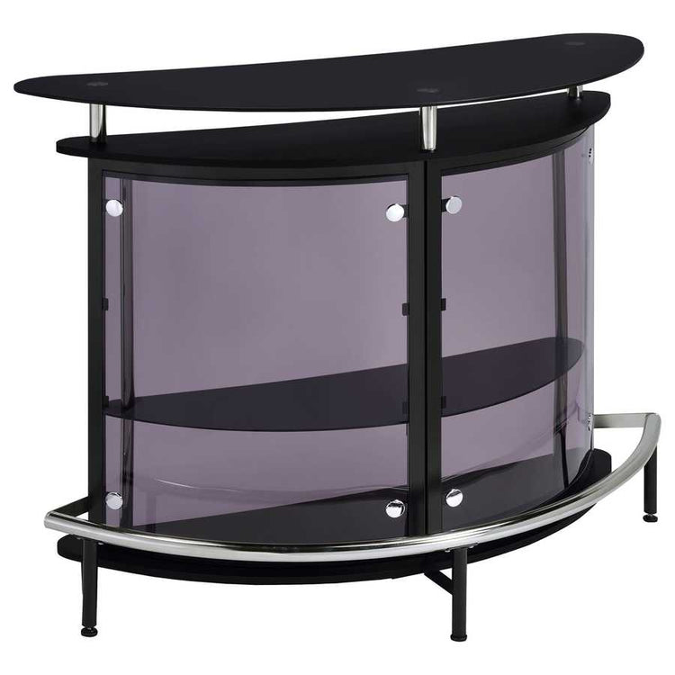 Modern black glass top home wine bar cabinet with curved smoked glass front and chrome accents, ideal for stylish home bars.