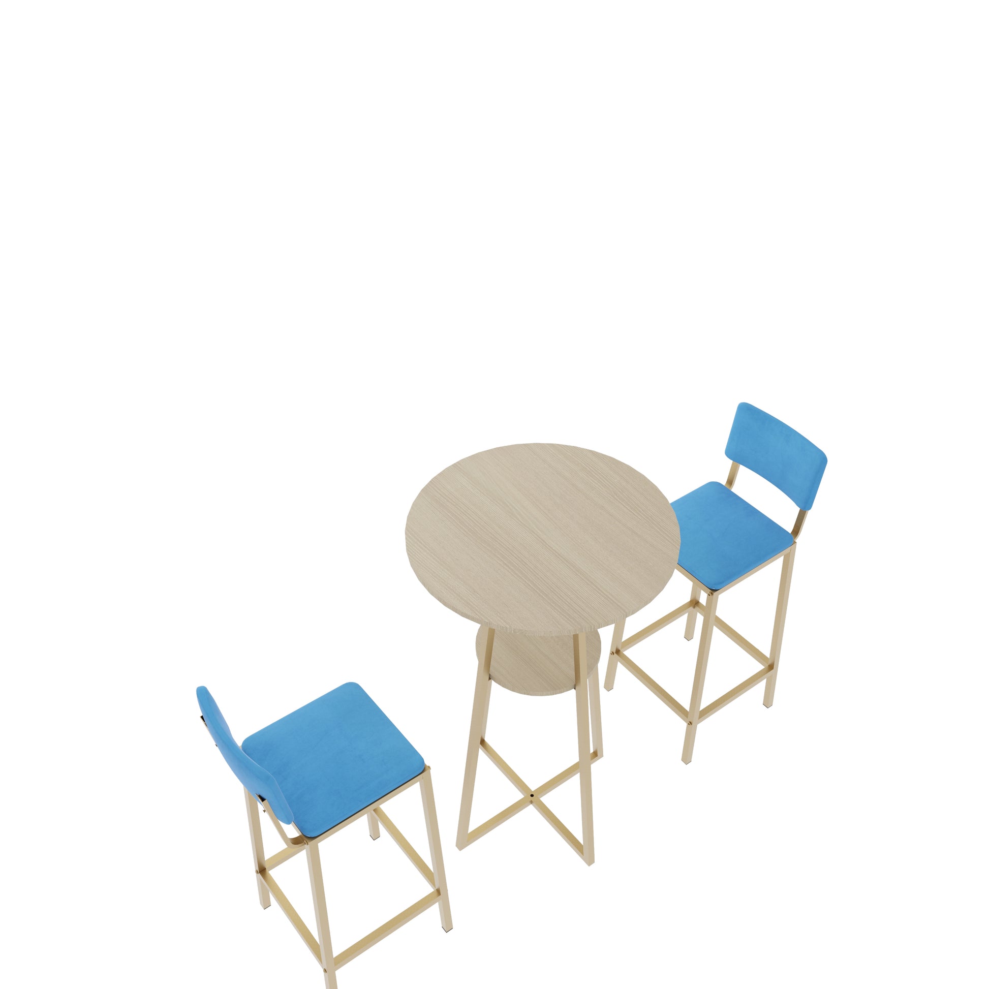 Top view of Bar Table Set with gold frame and blue cushioned chairs, showcasing compact round tabletop and storage shelf.