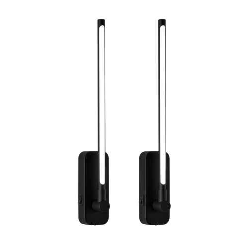 Two black wall-mounted lamps with long cylindrical lights on a white background