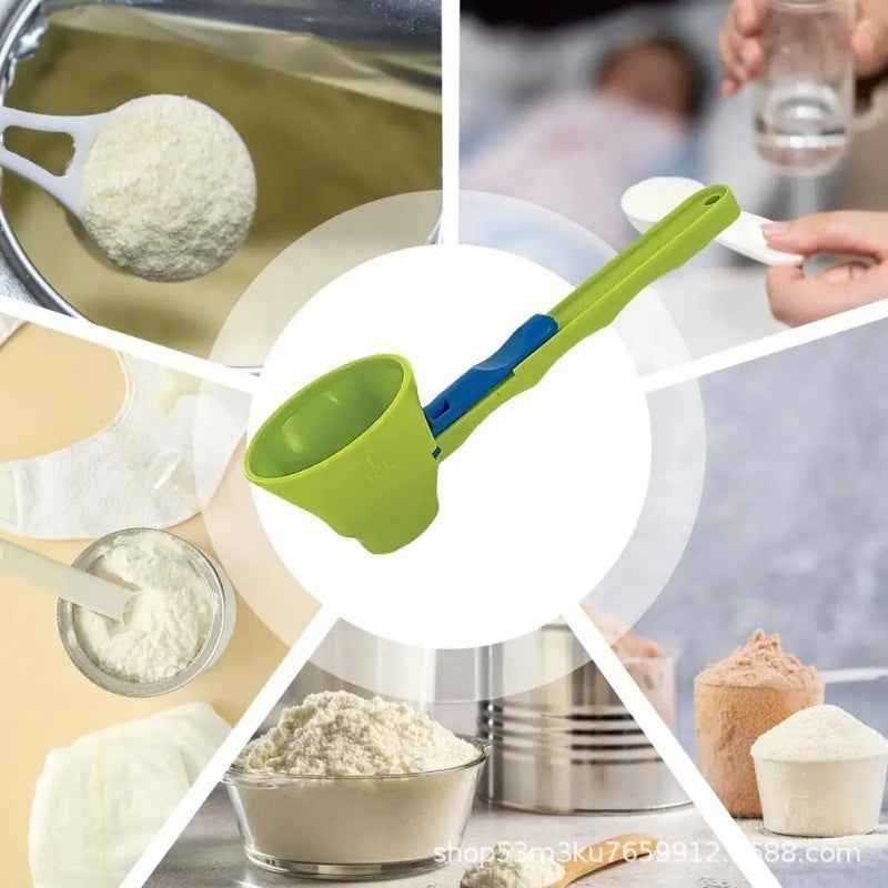 Collage of images showing a green measuring scoop with blue accents, used for measuring flour and other ingredients.