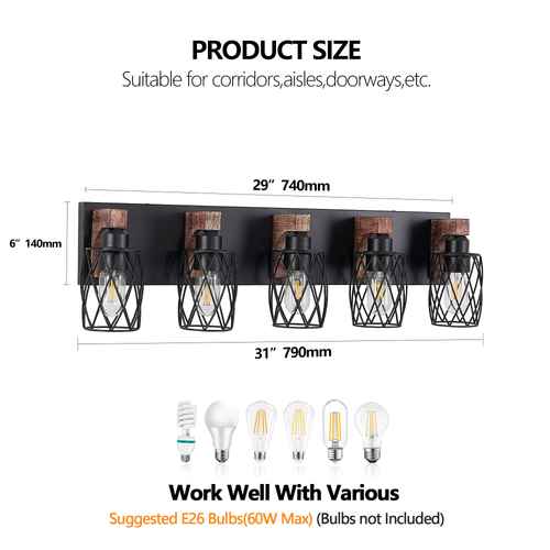 A product size diagram for a five-light wall sconce, showing the fixture dimensions as 29 inches by 6 inches, with suggested E26 bulbs and text noting suitability for corridors, aisles, and doorways.