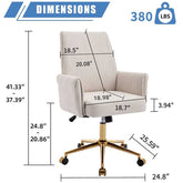 Ergonomic office chair with white corduroy upholstery and golden base, featuring detailed dimensions and 380 lbs weight capacity.
