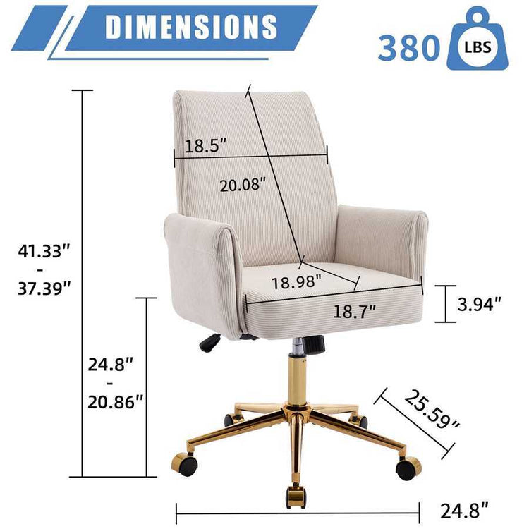 Ergonomic office chair with white corduroy upholstery and golden base, featuring detailed dimensions and 380 lbs weight capacity.