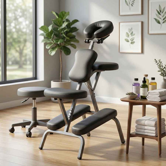 Massage chair in a room with a window, plant, and small table with bottles and towels.