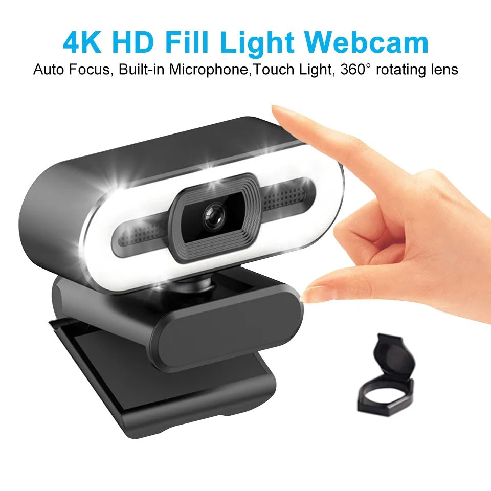 Portable 4K webcam with built-in microphone, touch light, and 360° rotating lens for PC and laptop live streaming in 2K and 1080P resolution.