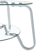 Close-up of chrome leg and glass shelf connection on the Vintage Metal Frame Glass Coffee Table 31.5''.