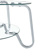 Close-up of chrome leg and glass shelf connection on the Vintage Metal Frame Glass Coffee Table 31.5&