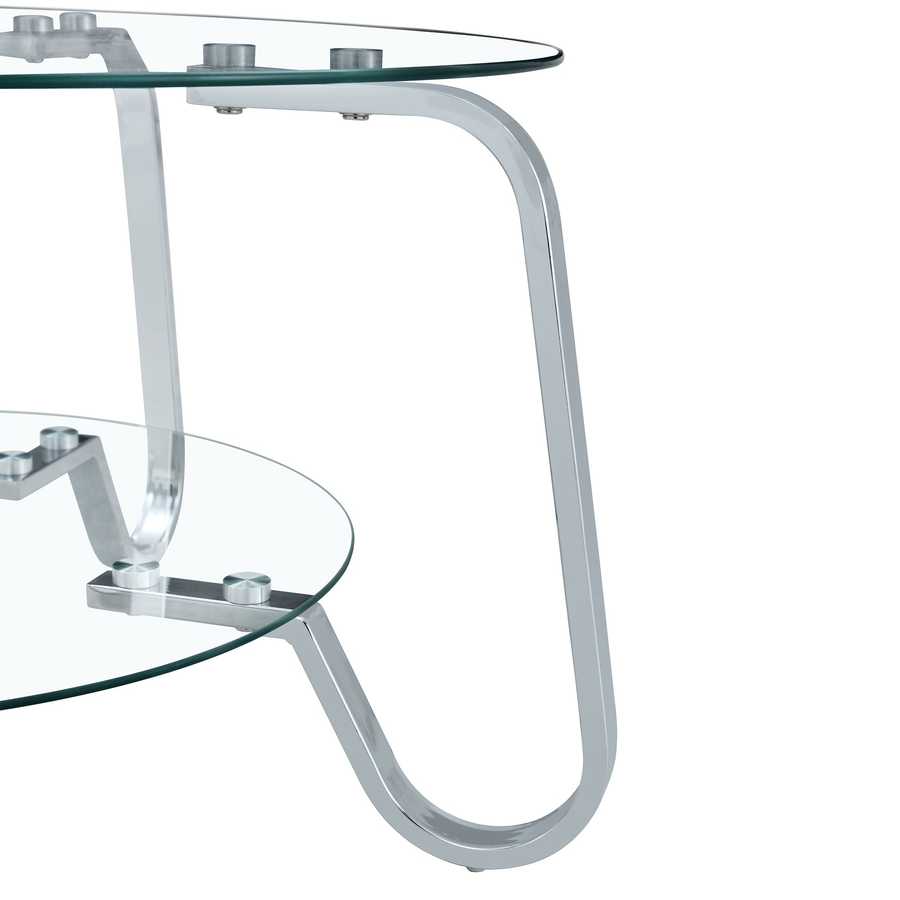 Close-up of chrome leg and glass shelf connection on the Vintage Metal Frame Glass Coffee Table 31.5''.