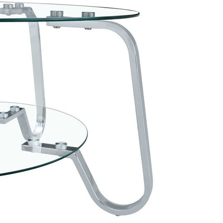 Close-up of chrome leg and glass shelf connection on the Vintage Metal Frame Glass Coffee Table 31.5''.