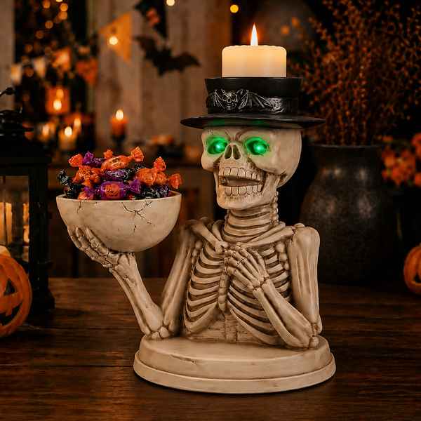 Halloween skeleton figurine holding a bowl of candy, wearing a black top hat with a lit candle on its head, set on a wooden table with spooky background decorations.