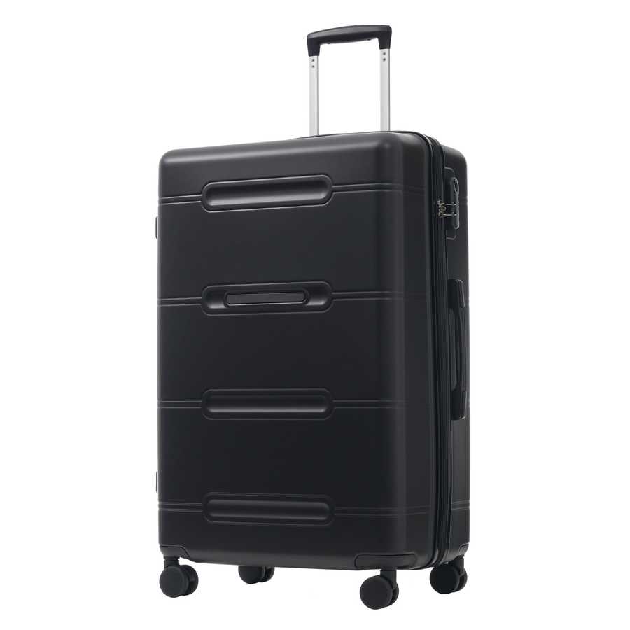 Black suitcase with wheels on a white background