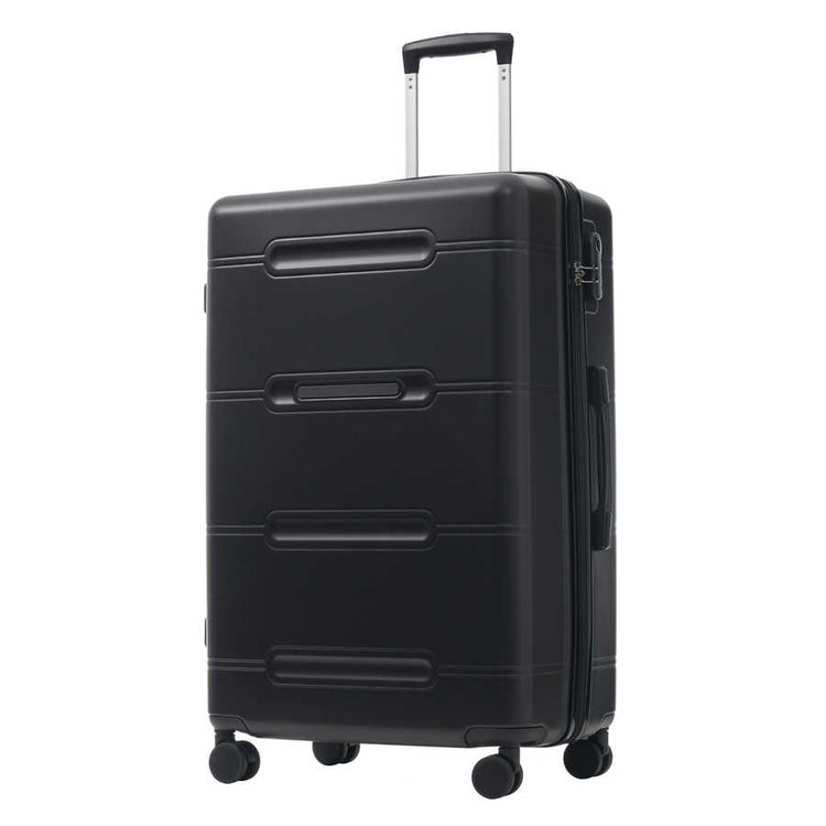 Black suitcase with wheels on a white background