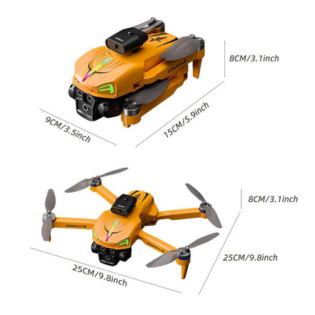 Yellow drone with dimensions labeled on a white background