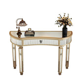 Elegant Half-Moon Mirrored Console Table with reflective top and fluted glass front, ideal for living room or hallway decor.