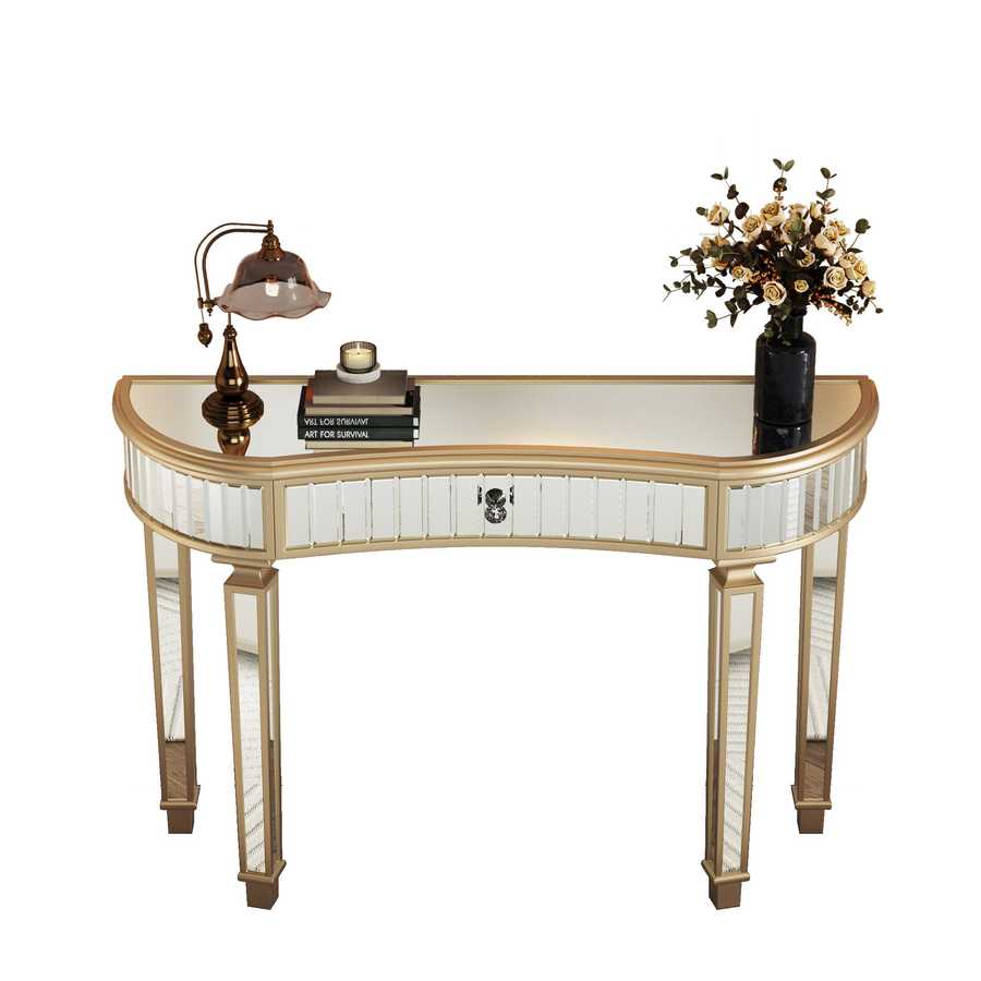 Elegant Half-Moon Mirrored Console Table with reflective top and fluted glass front, ideal for living room or hallway decor.