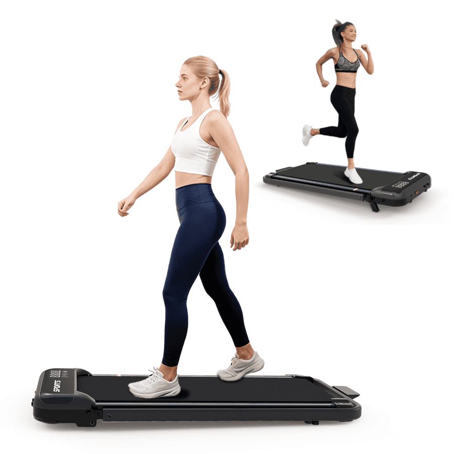 Woman walking on a foldable treadmill with a digital display, black running belt, used for fitness at home