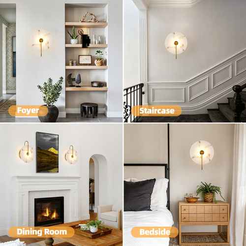 A four-panel collage showing a wall-mounted sconce in different interior settings: a foyer, staircase, dining room, and bedside. Each panel shows the lamp illuminated on a white wall, with room decor and furniture visible.