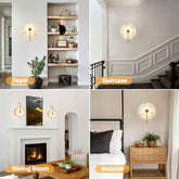 A four-panel collage showing a wall-mounted sconce in different interior settings: a foyer, staircase, dining room, and bedside. Each panel shows the lamp illuminated on a white wall, with room decor and furniture visible.