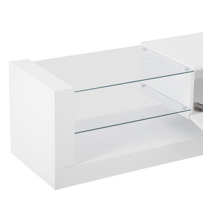 a white entertainment center with glass shelves