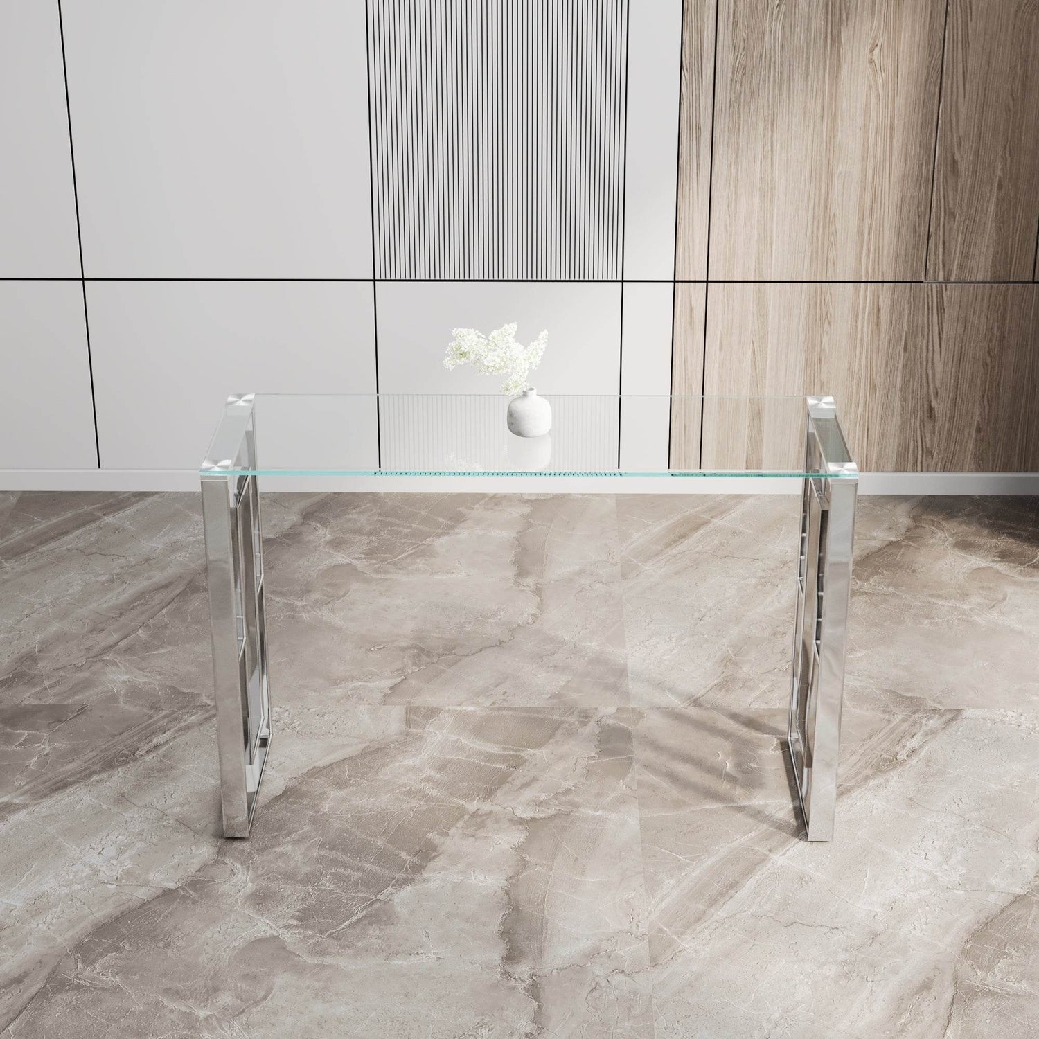 MLNshops Modern Glass Console Table with Chrome Frame