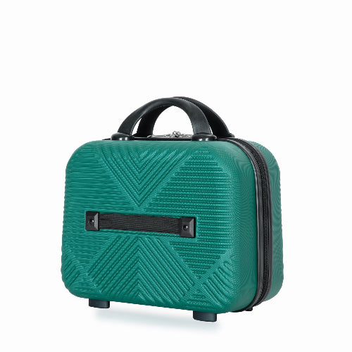 A green hard-shell carry-on suitcase with a geometric chevron pattern, black top handle, and black zipper, shown on a clean white background.