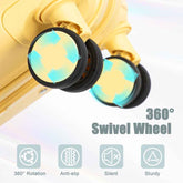 Detail of swivel wheels on yellow ABS spinner luggage with 360-degree rotation, anti-slip design, and silent operation