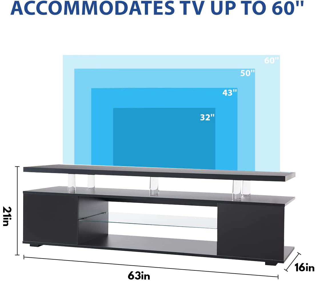 a black tv stand with a glass shelf