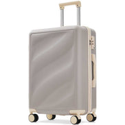 Angled view of durable lightweight suitcase with smooth spinner wheels and TSA lock, perfect for easy maneuvering during travel.