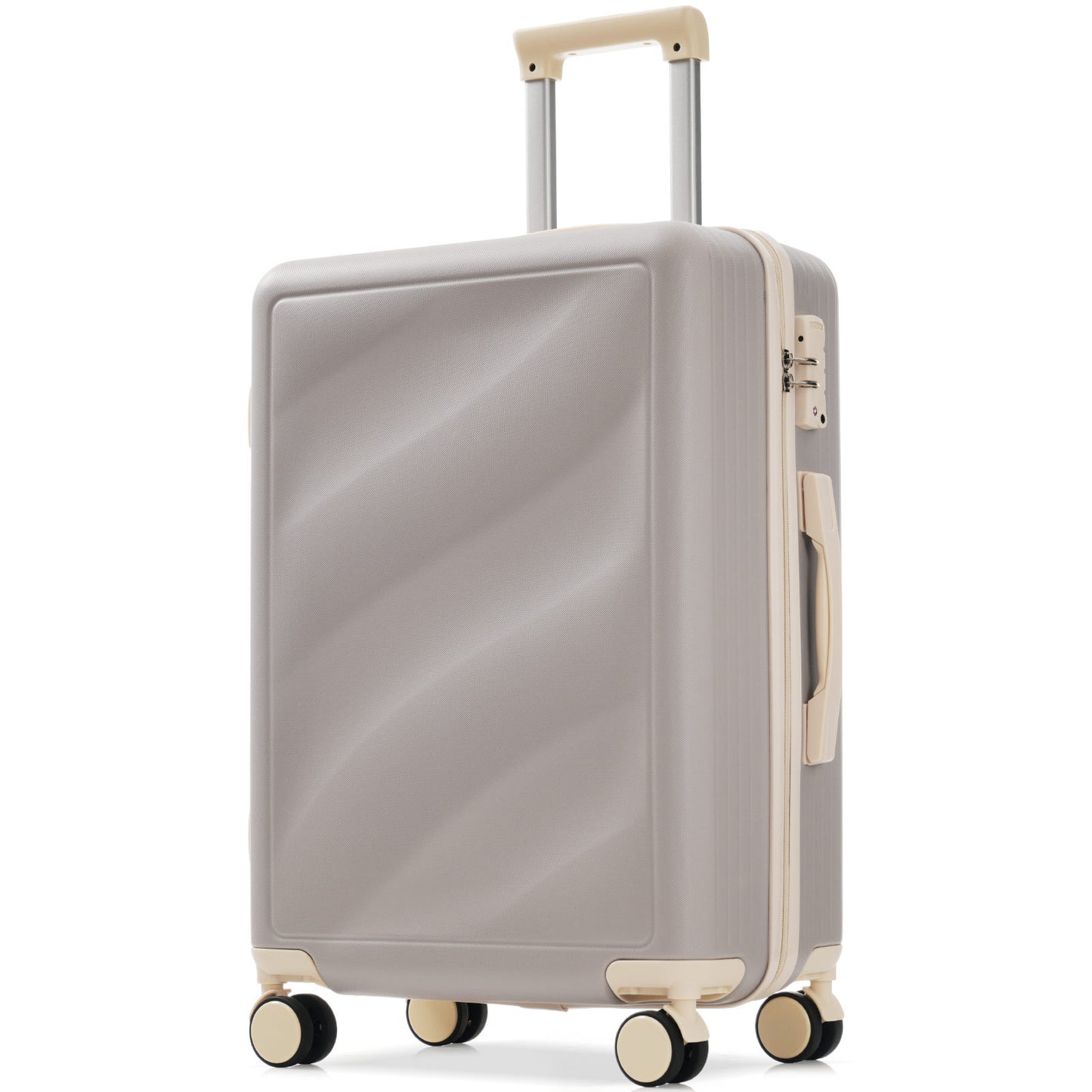 Angled view of durable lightweight suitcase with smooth spinner wheels and TSA lock, perfect for easy maneuvering during travel.