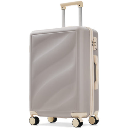 Angled view of durable lightweight suitcase with smooth spinner wheels and TSA lock, perfect for easy maneuvering during travel.