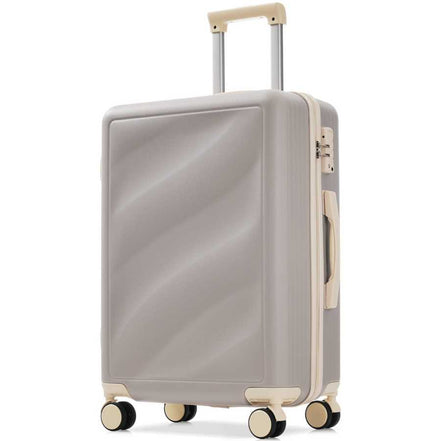 Angled view of durable lightweight suitcase with smooth spinner wheels and TSA lock, perfect for easy maneuvering during travel.