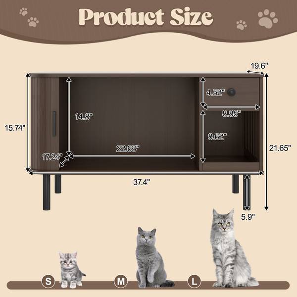 Product dimensions of cat litter box enclosure with storage, suitable for small to large cats, with detailed measurements.