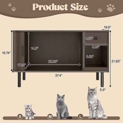 Product dimensions of cat litter box enclosure with storage, suitable for small to large cats, with detailed measurements.