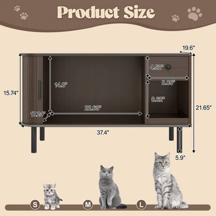 Product dimensions of cat litter box enclosure with storage, suitable for small to large cats, with detailed measurements.