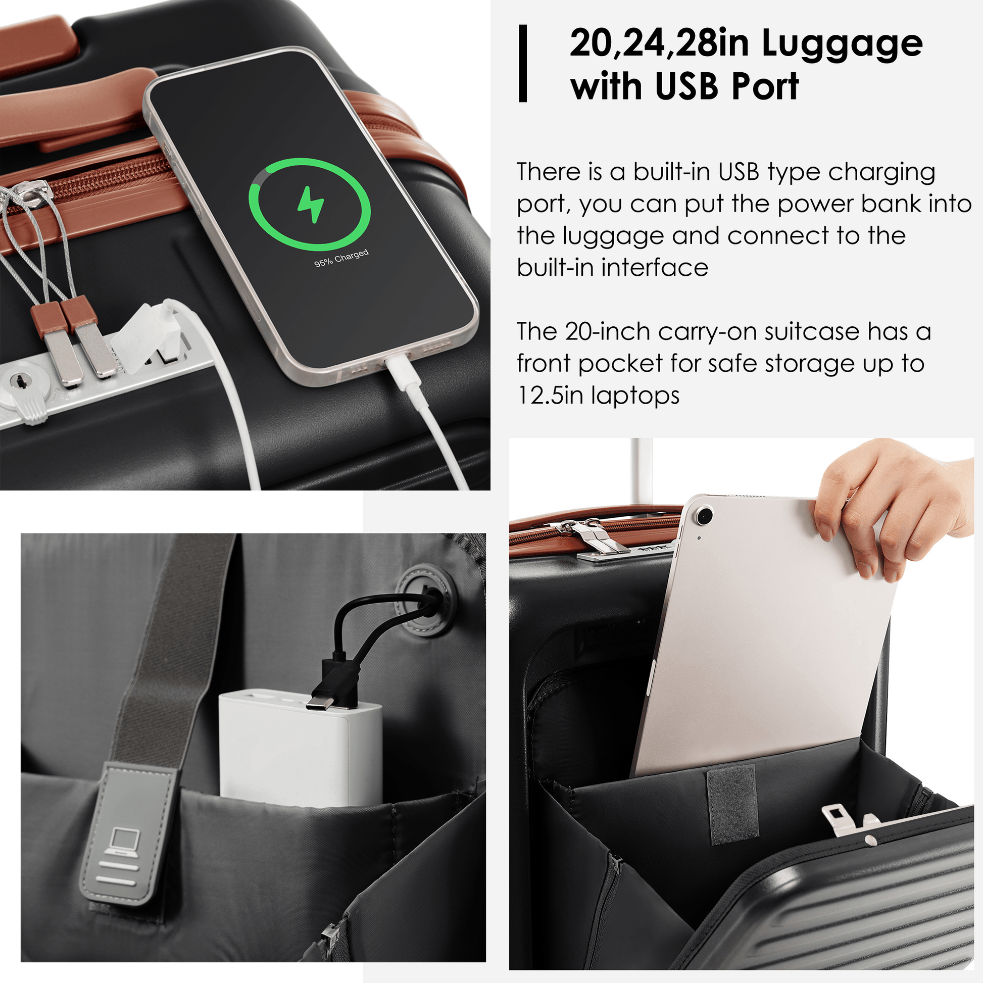 4-Piece Luggage Set with USB Charging Ports - 20in Carry-On (Front-Opening for Laptop) 28in Checked Suitcase with TSA Lock Travel Duffel Bag Wet-Dry Toiletry Bag, black and brown