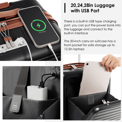 4-Piece Luggage Set with USB Charging Ports - 20in Carry-On (Front-Opening for Laptop) 28in Checked Suitcase with TSA Lock Travel Duffel Bag Wet-Dry Toiletry Bag, black and brown