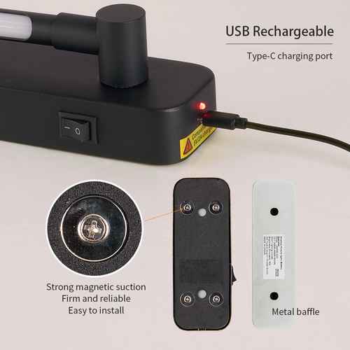 Black electronic device with USB charging port, magnetic suction, and metal baffle on a light gray background.