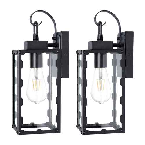 Two matching black outdoor wall sconces with clear glass panels and visible Edison-style bulbs, shown side by side on a white background.