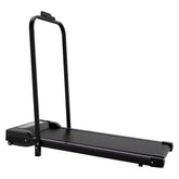 Front angle of the black under-desk treadmill showing the sturdy frame and control buttons