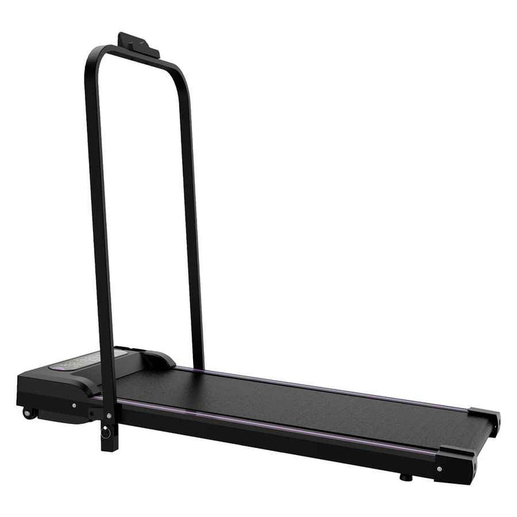 Front angle of the black under-desk treadmill showing the sturdy frame and control buttons