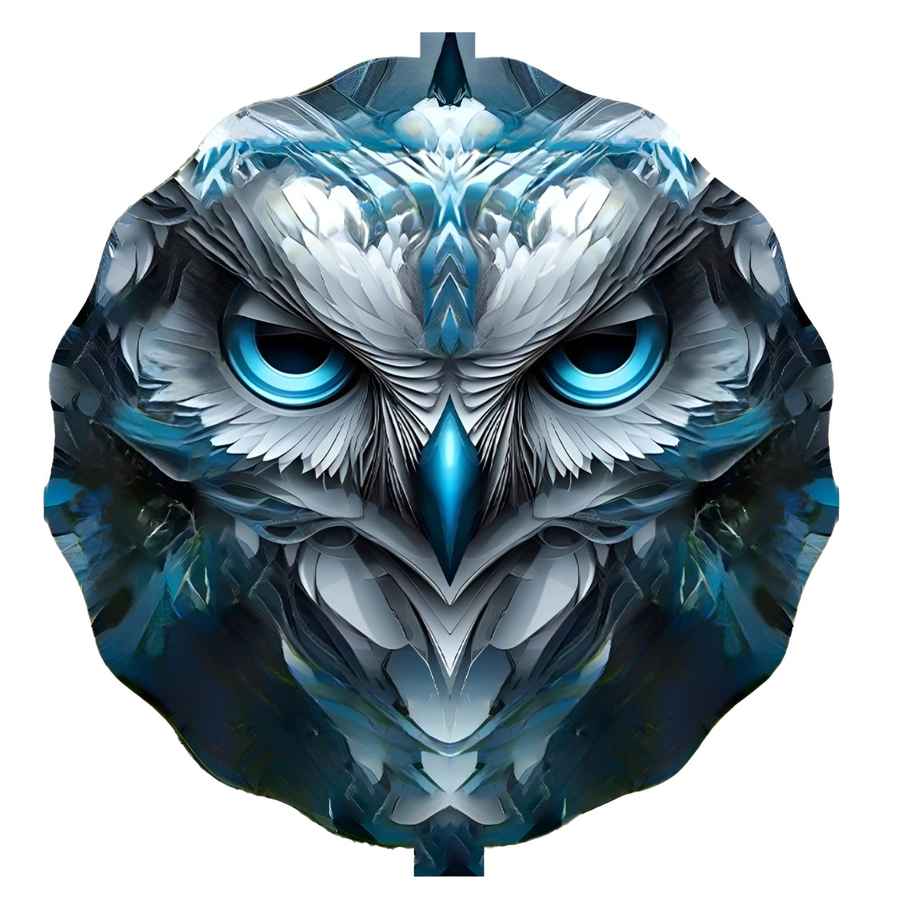 Artistic depiction of an owl with blue eyes and a geometric pattern on a white background