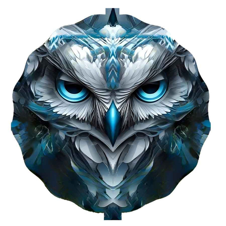 Artistic depiction of an owl with blue eyes and a geometric pattern on a white background