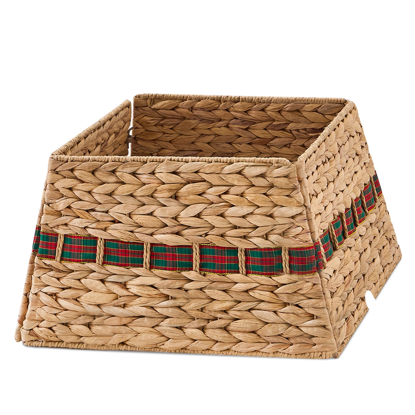 Handwoven Christmas Tree Skirt made from eco-friendly hyacinth with plaid ribbon detail and cord cut-out, ideal for concealing tree bases.